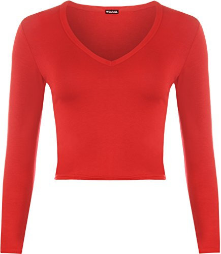 WearAll Women's New Womens Soft Stretch Short Plain V Neck Long Sleeve T-Shirt Ladies Crop Top - Red - 8-10