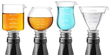 Final Touch Set of 4 Glass Jigger Stoppers for Cocktail - Measure Remove and Pour - Contains Martini, Hurricane, Swivel & Whiskey