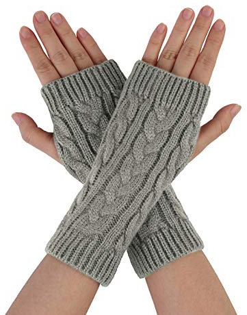 sourcing map Women's Ribbed Wrist Arm Warmers Stretchy Cable Knitted Fingerless Gloves Light Gray One Size