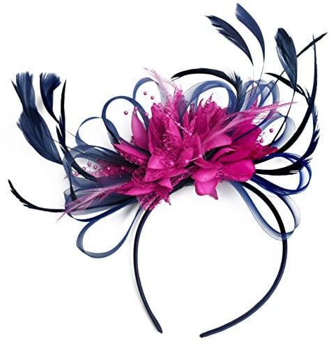 Navy Blue and Hot Pink Fuchsia Feather Hair Fascinator Headband Wedding Royal Ascot Races Ladies, Unisize