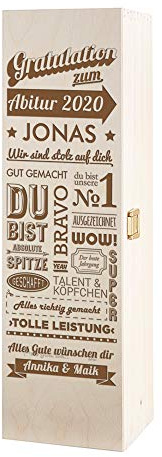 Casa Vivente Weinbox mit Gravur, Gratulation zum Abitur, Personalisiert mit Namen, Weinkiste aus Holz, Verpackung für Weinflasche
