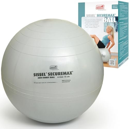 SISSEL® SECUREMAX® Gymnastikball Silber | Maße 75 cm | Belastung bis 500 kg | 100% PVC & recyclebar | Für Fitness & Therapie | SECUREMAX-Sicherheitssystem | Inkl. Übungsposter & Stöpselheber