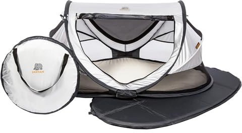 Deryan Kleinkind Reisebett mit Matratze ab Geburt bis 4,5 Jahre - Pop Up Kleinkindbett Babyzelt in 2 Sekunden aufgestellt - inkl. Moskitonetz & Reisetasche - 136x84x62cm (Silber)