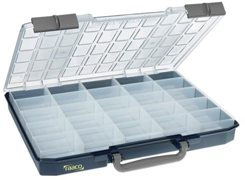 raaco CarryLite 55 5x10-25/1: Leicht Sortierbox für Werkstatt, mit 25 Einsätze für Kleinteile, Traglast 10 kg, Sichere Aufbewahrung, Transparenter Deckel, 33 x 41.3 x 5.7 cm