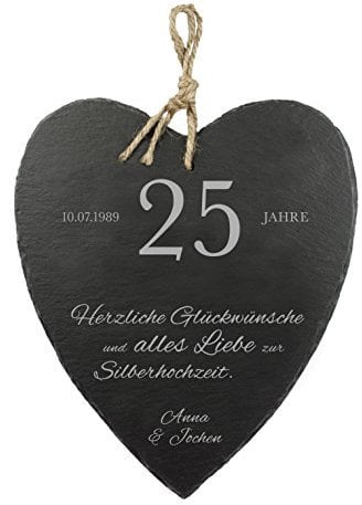 Großes Schieferherz mit schöner Gravur - Silberhochzeit - Personalisiert mit [Wunschnamen] und [Datum] [Motiv HERZLICHEN GLÜCKWUNSCH] - 23 cm x 27 cm x 0,6 mm - mit Jute Band zum Aufhängen