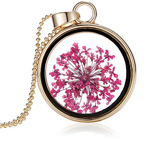 Feilok Modisch Transparente Trocken Rote Blumen Kristall Goldenfarige Länge Kette Rund Anhänger Halskette für Damen Mädchen…