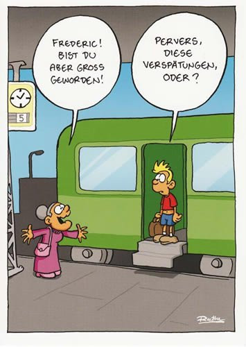modern times Postkarte CARTOON - Motiv: VERSPÄTUNGEN, Anlass: Fun Cartoon/Satire, Künstler/Verlag: KÖPENICKER CG © RUTHE, Ralph, Größe: A6