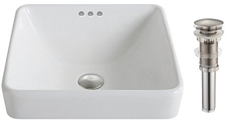 Kraus KCR-281-BN Modern Elavo Ceramic Square Semi-Recessed Bathroom Sink with Overflow and Pop Up Drain, Brushed Nickel/White 16.25