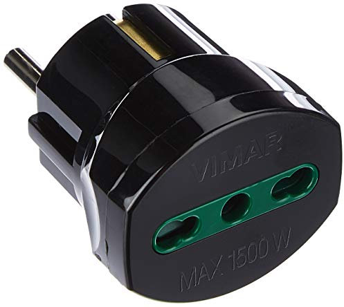 Vimar RI.00301N Adaptateur simple SICURY 250 V~, noir, max 1500 W, fiche 2P+T 16 A standards allemand/français - Bprise 2P+T 16 A standard italien type P17/11