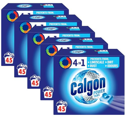 Calgon 4-in-1 Washing Machine Cleaner and Water Softener Tablets, 45 Count, Pack of 5 | Removes Limescale, Residue, Dirt, Rust & Malodours | Deep Clean | L Pack Size