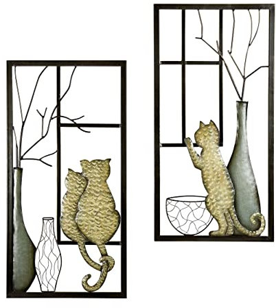 Wandbilder 'Vase/Katze', Metall, 2-teiliges Set, 40 x 80 cm