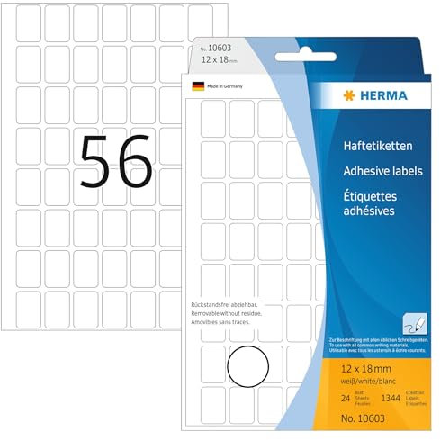 HERMA 10603 Vielzweck-Etiketten ablösbar, 1344 Stück, 12 x 18 mm, 56 pro Bogen, selbstklebend, Haushaltsetiketten zum Beschriften, matt, blanko Papier Klebeetiketten Aufkleber, weiß