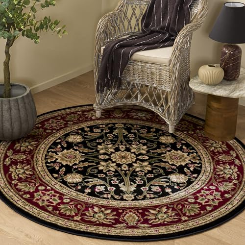 SAFAVIEH Lyndhurst Collection Area Rug - 8' Round, Black & Red, Traditional Oriental Design, Non-Shedding & Easy Care, Ideal for High Traffic Areas in Living Room, Bedroom (LNH212G)
