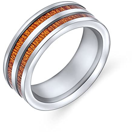 Bling Jewelry Zweireihige Breite Braune Koa Holz Inlay Titan Eheringe Für Männer Für Frauen Silberton Kompfort Fit 8Mm