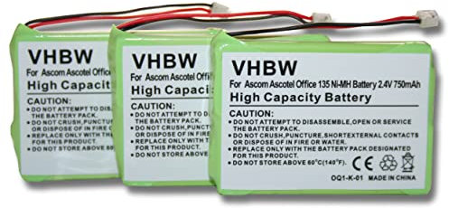 vhbw 3X Akku kompatibel mit Ascom Ascotel Office 135pro, Office 135 schnurlos Festnetz Telefon (750 mAh, 2,4 V, NiMH)