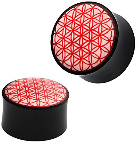 CHICNET Plug Horn weiß rote Gravur schwarz Tribal Blume des Lebens Piercing 14 mm