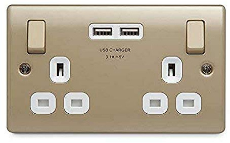 BG Electrical NPR22U3W Nexus Metal Pearl Nickel Double Switched 13A Power Socket With USB Charging - 2X USB Sockets (3.1A) White Insert