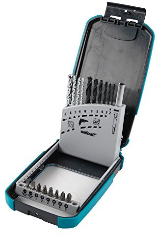 wolfcraft 1 Bohrer Bit Box 19-teilig, best aus 4 Steinbohrer Durchmesser 4-8 mm und 6 Metallbohrer 2-8 mm 8 Bits PH 1,2,3, PZ 1,2,3, SL 0,6x4,5/0,8x5,5 1 Bithalter, 8611000