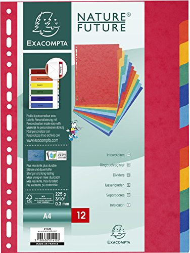 Exacompta 1412E Premium-Register für DIN A4 aus starkem Colorspankarton 12-teilig volle Höhe 22 x 29,7 cm vollfarbig 2 x 6 Farben mit Indexseite zum selbstgestalten Trennblätter Trennstreifen