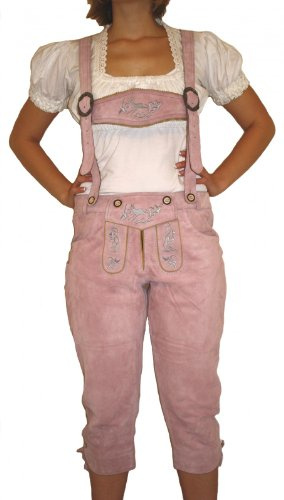 German Wear Damen Lederhose Trachten Lederhose aus Ziegenvelour Kniebundhose mit Hosenträgern, Farbe: Rosa, Größe: 48