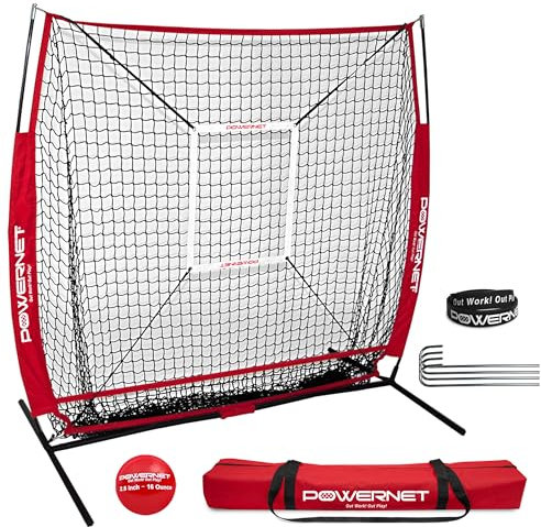 PowerNet 12,7 x 12,7 cm Übungsnetz + Schlagzone + gewichtetes Trainingsball-Set | Baseball-Softball-Trainingshilfe | kompakt, leicht, ultra-tragbar, Schlag-Pitching (rot)