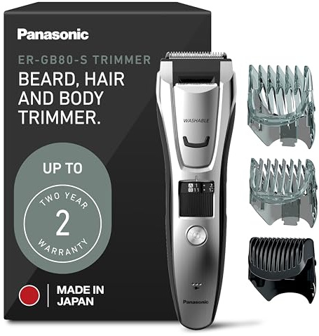 Panasonic Multi-Groomer Electric Beard Trimmer for Men, Men’s Trimmer for Beard, Hair and Body, 39 Trim Length Settings with 3 Attachments, Corded/Cordless Operation – ER-GB80-S (Silver)