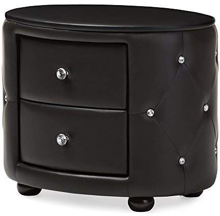 Baxton Studio Davina Hollywood Glamour Style Oval 2-Drawer Faux Leather Upholstered Nightstand, Medium, Black
