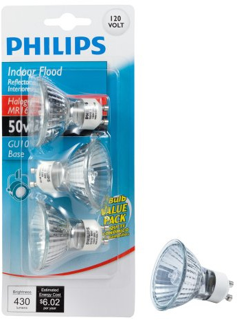 Philips 415794 Indoor Flood 50-Watt MR16 GU10 Base 120-Volt Light Bulb,Halogen, 3-Pack