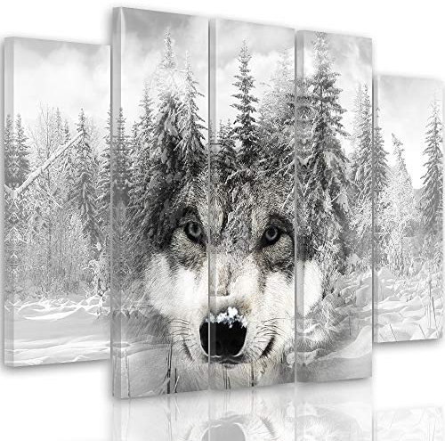 Feeby Frames, Multi Panneau 5 Parties, Tableau Imprimé XXL sur Toile, Deco Pentaptyque (Loup, Forêt, Neige) 200x100 cm, Type B