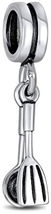 Chef Cook Culinary Graduation Kitchen Utensils Spoon Fork Dangle Charm Bead For Women Oxidized .925 Sterling Silver Fit European Bracelet