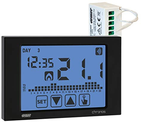 VEMER VE487500 Set Chronos RF – Thermostat sans Fil Programmable à écran Tactile + Récepteur RF 433 MHz, Mural à Piles, Compatible Chaudière, Noir