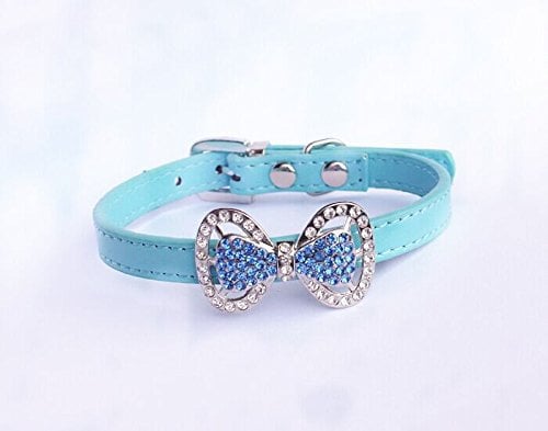 PETFAVORITES Leather Rhinestone Bow Tie Pet Cat Dog Collar Necklace Jewelry for Small Dogs Girl Kitten Puppy Teacup Chihuahua Yorkie Clothes Costume Outfits (10.7 to 13-Inch, Blue)