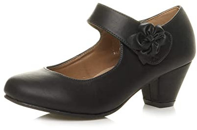 Ajvani Womens Ladies mid Chunky Heel Mary Jane Flower Padded Comfort Shoes, Black, 7 UK