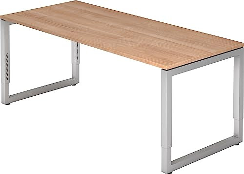 bümö höhenverstellbarer Schreibtisch R-Serie 180x80 cm in Nussbaum, Gestell in Silber - großer PC Tisch für's Büro manuell höhenverstellbar, Computertisch verstellbar