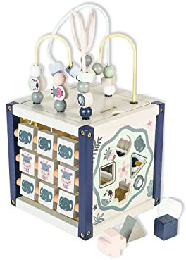 EverEarth Erster großer Aktivitäts-Würfel Pastell - 5 in 1 Motorikspielzeug aus Holz mit Motorikschleife, Formensortierer & Tierpuzzle - Lernspielzeug für Kinder ab 12 Monaten - EE33772