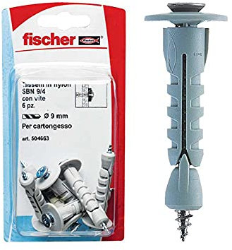 Fischer, Chevilles placoplâtre SBN 9/4 K avec vis, Universelles pour la fixation de lampes, miroirs, accessoires sur plaques en papier plâtre et panneaux en bois