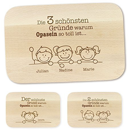 Casa Vivente Frühstücksbrettchen mit Gravur – Schönste Gründe für Opa – Personalisiert mit Namen – Brettchen aus Ahornholz – Geschenkidee für Männer zum Geburtstag – Vatertagsgeschenk