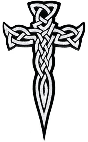 Large Celtic Cross Dagger White Iron-On Patch Embroidered Irish Crucifix