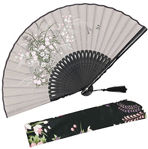 OMyTea Grassflower Folding Hand Held Fan for Women - Chinese/Japanese Vintage Retro Style - With a Fabric Sleeve for Protection (Grey)