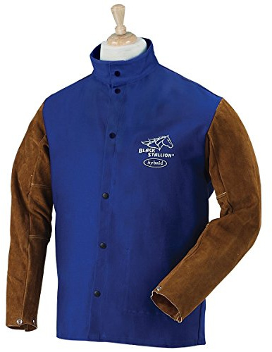 BLACK STALLION Hybrid 9 oz. FR and Cowhide Welding Coat - 30 Royal Blue/Brown - LARGE by Revco
