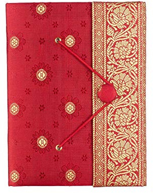 Sari Journal Large 14cm x 18.5cm - Red - Unlined Recycled Paper - Elastic Closure - Notebook and Diary - Indian Stationery Gift - For Men Women Students - Sari Fabric