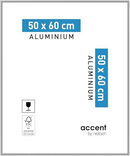 accent by nielsen Bilderrahmen, 50 x 60 cm, Aluminium, Silber matt, Posterrahmen zum Aufhängen im Hoch- & Querformat, Echtglas, Accent