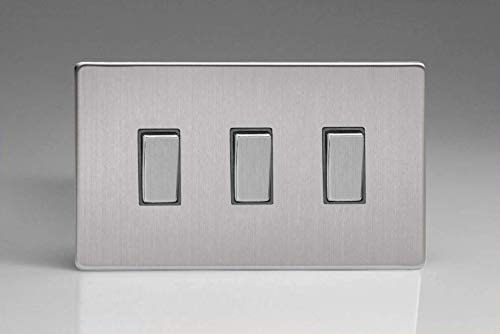 Varilight 3-Gang 10A 1- or 2-Way Rocker Light Switch (Twin Plate) Brushed Steel XDS93S,86x147x25mm