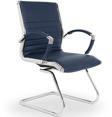 VERSEE Premium Echt-Leder Besucherstuhl Montreal in Blau mit Armlehne - Freischwinger mit Chrom für Büro und Konferenzräume - Belastbar bis 150kg