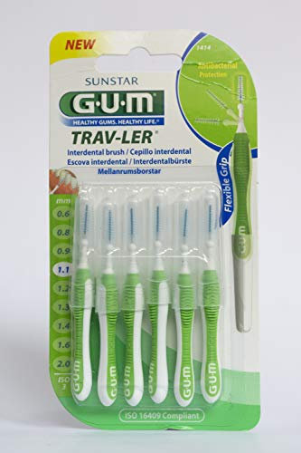 GUM TRAV-LER - Spazzole interdentali, 6 pezzi, ISO 3, verde, 1,1 mm, confezione da 3 (3 x 6 pezzi)