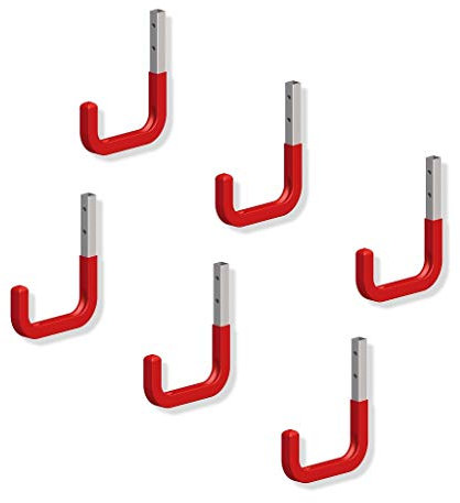 Gedotec Wandhaken Garage Allzweckhaken Gummi-Haken rot | Stahl verzinkt | Universal-Haken mit Gummierung rot | Tiefe 115 x Höhe 140 mm | Metallhaken Tragkraft 30 kg | 6 Stück - Montagehaken Werkzeug