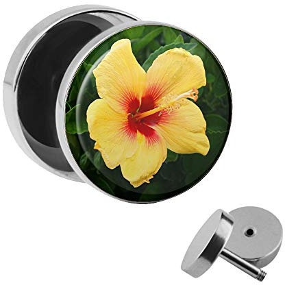 Treuheld | Ohrstecker zum Schrauben - Hibiskus Blüte gelb-rot - Motiv Fake-Plug Ø 10mm Silber - Edel-Stahl Ohr-Ringe - Chirurgen-Stahl 316L Fake-Tunnel - Gewinde Ohr-Stecker - Schönes Geschenk