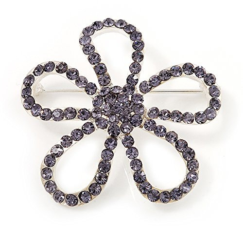 Amethyst Crystal Open Flower Brooch in Silver Finish - 4.5cm Diameter