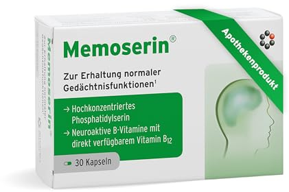 Memoserin – Phosphatidylserin Kapseln 100 mg sojafrei, Sonnenblume, 30 St. | Mit Pantothensäure, die zu einer normalen geistigen Leistungsfähigkeit beiträgt – plus B12, Folsäure und Ginkgo-Extrakt