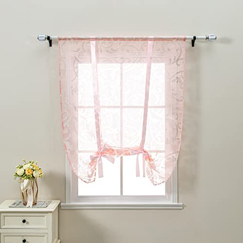 CORLIF Raffrollo mit Tunnelzug Gardinen Küche Ausbrenner Transparente Vorhänge Modern Kurze Fenster Vorhang mit Ranken Muster Rosa BxH 120x140cm 1 Stück